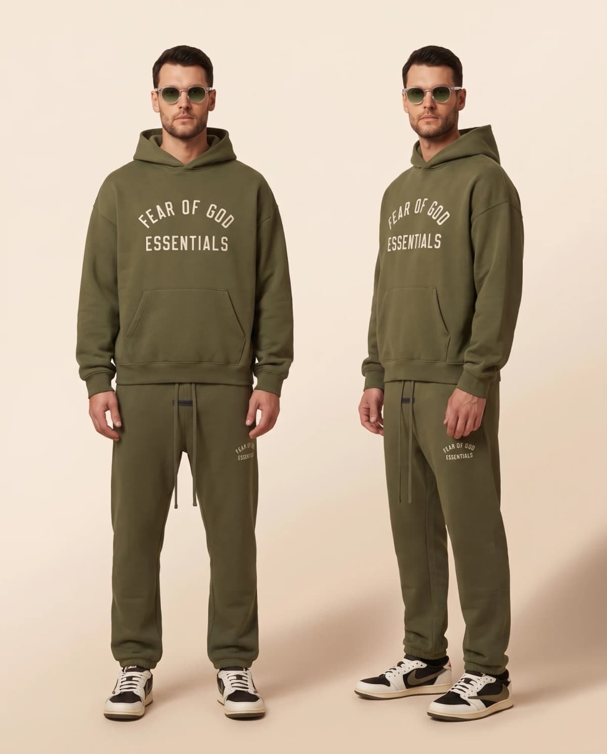 SBN Fit of the Season: Essentials tracksuit in Military with Celestique shades and Jordan 1 Low Travis Scott